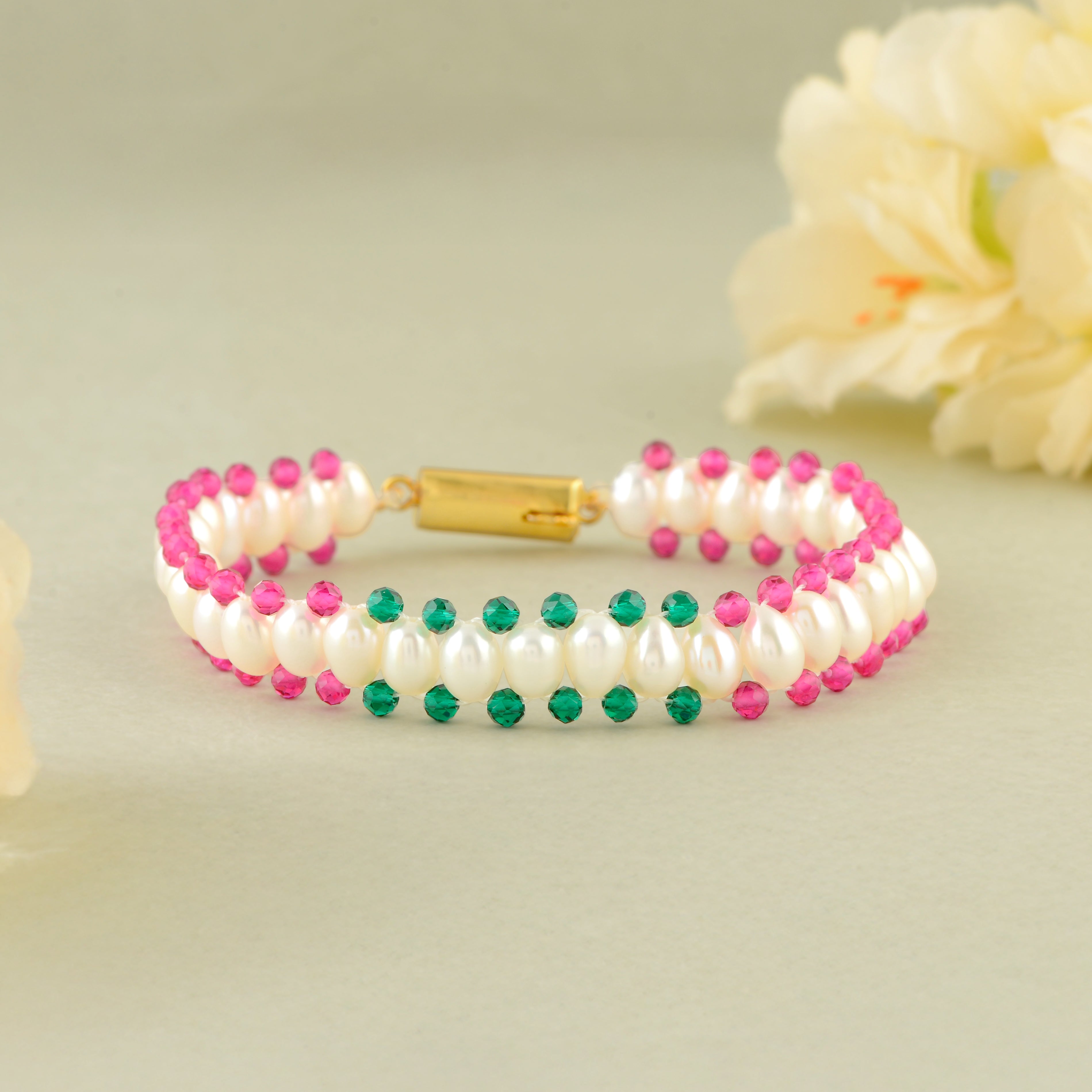 Triple Layer Pearl Bracelet with Pink & Green Accents - Gold Clip